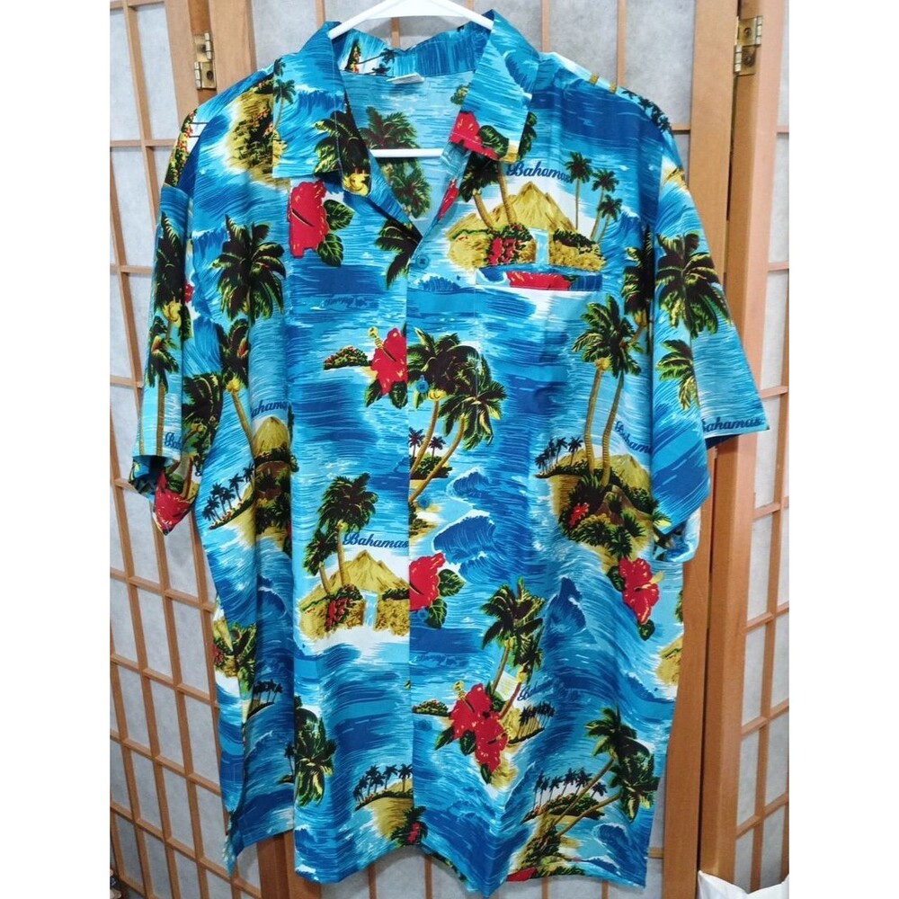 Rina Bahama’s Bright Blue Island Scene Shirt XL Resort Wear Tropical Hawaiian